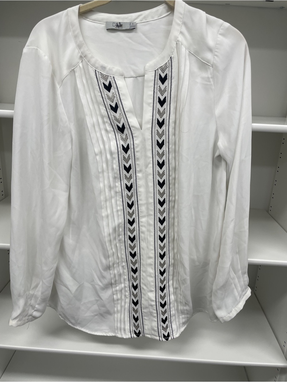 Dalia White Long-Sleeve Embroidered Pintuck Tunic